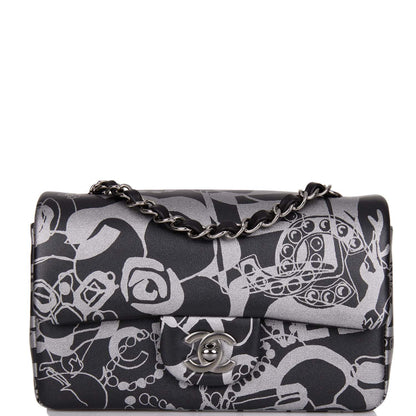 Chanel Mini Rectangular Flap Bag Black And Silver Printed Lambskin Silver Hardware