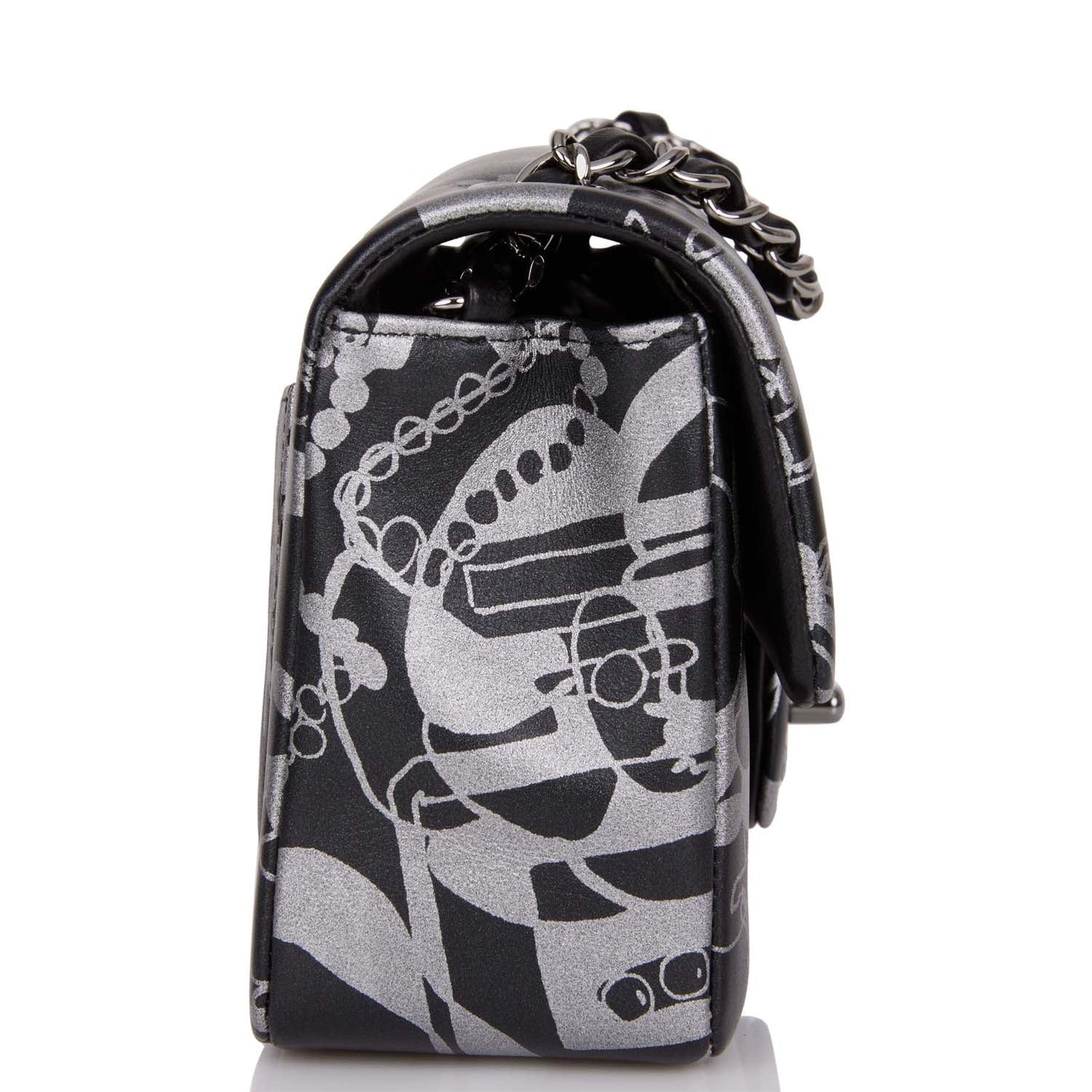 Chanel Mini Rectangular Flap Bag Black And Silver Printed Lambskin Silver Hardware