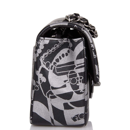 Chanel Mini Rectangular Flap Bag Black And Silver Printed Lambskin Silver Hardware