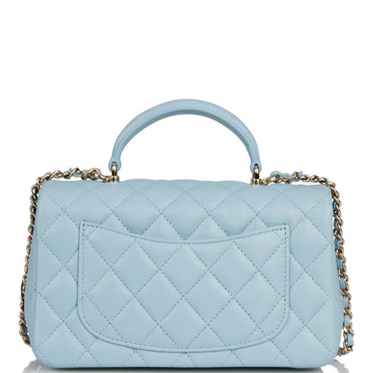 Chanel Mini Rectangular Flap With Top Handle Blue Lambskin Light Gold Hardware