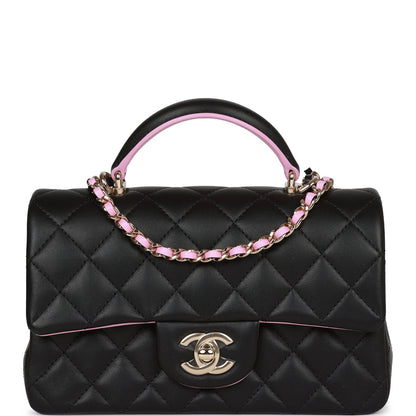 Chanel Mini Rectangular Flap Bag With Top Handle Black And Pink Lambskin Light Gold Hardware