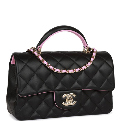 Chanel Mini Rectangular Flap Bag With Top Handle Black And Pink Lambskin Light Gold Hardware