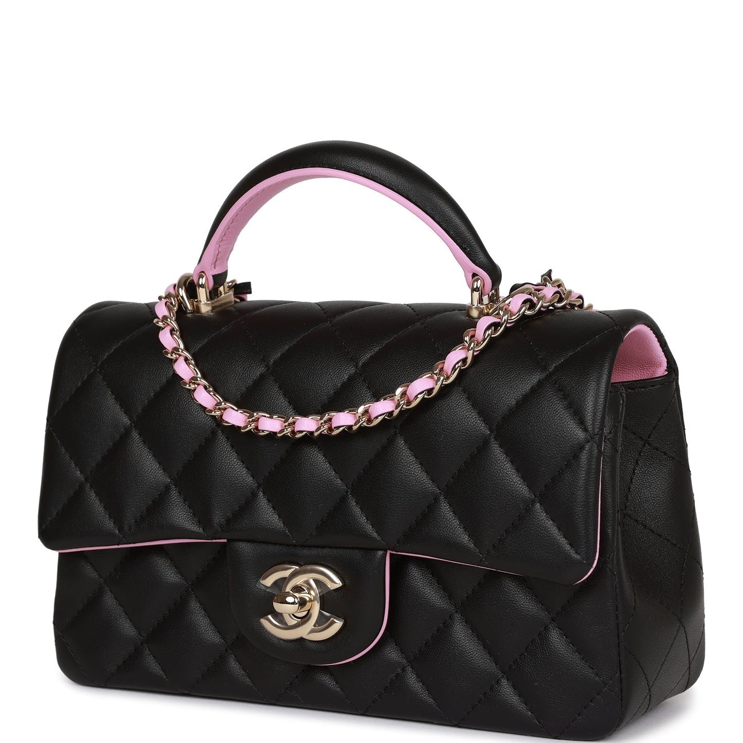 Chanel Mini Rectangular Flap Bag With Top Handle Black And Pink Lambskin Light Gold Hardware