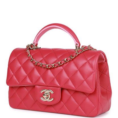 Chanel Mini Rectangular Flap With Top Handle Pink Lambskin Light Gold Hardware