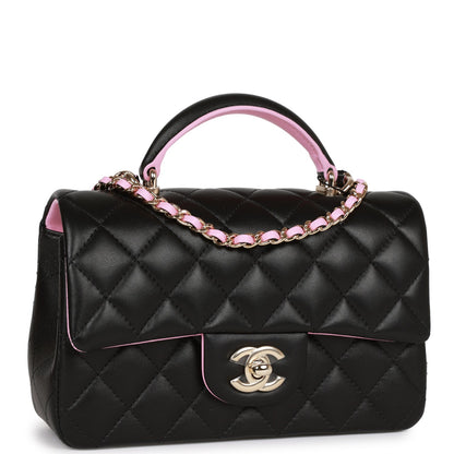Chanel Mini Rectangular Flap With Top Handle Black And Pink Lambskin Light Gold Hardware