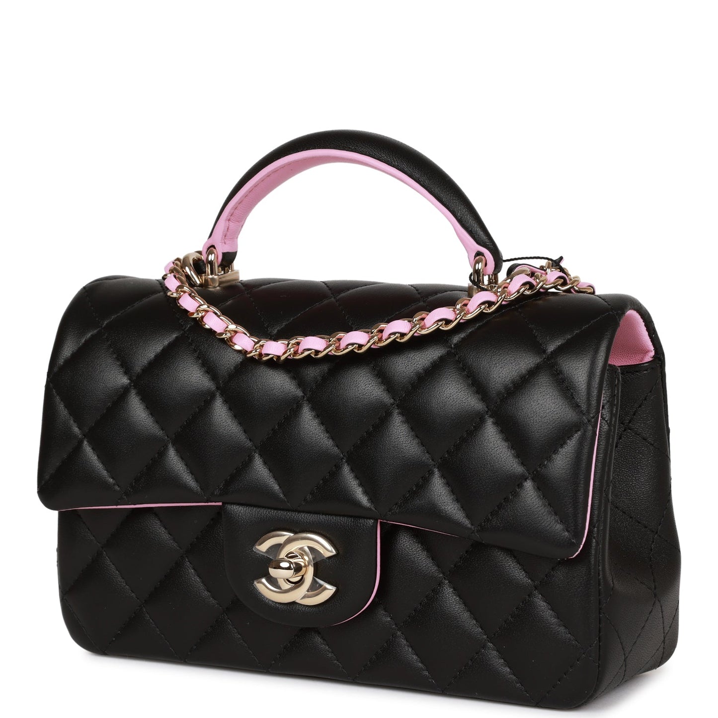 Chanel Mini Rectangular Flap With Top Handle Black And Pink Lambskin Light Gold Hardware