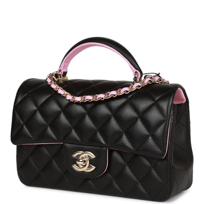 Chanel Mini Rectangular Flap With Top Handle Black And Pink Lambskin Light Gold Hardware