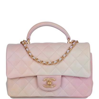 Chanel Mini Rectangular Flap Bag With Top Handle Light Pink Ombre Lambskin Antique Gold Hardware