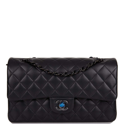Chanel Medium Classic Double Flap Bag So Black Lambskin Quilted Black Hardware