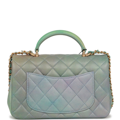 Chanel Mini Rectangular Flap Bag With Top Handle Green Ombre Lambskin Antique Gold Hardware