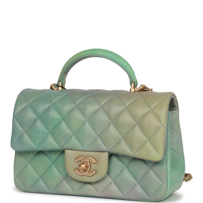 Chanel Mini Rectangular Flap Bag With Top Handle Green Ombre Lambskin Antique Gold Hardware