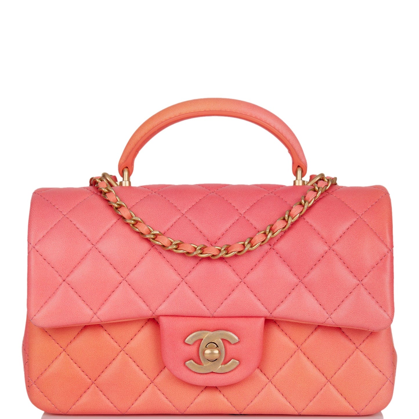 Chanel Mini Rectangular Flap Bag With Top Handle Orange Ombre Lambskin Antique Gold Hardware