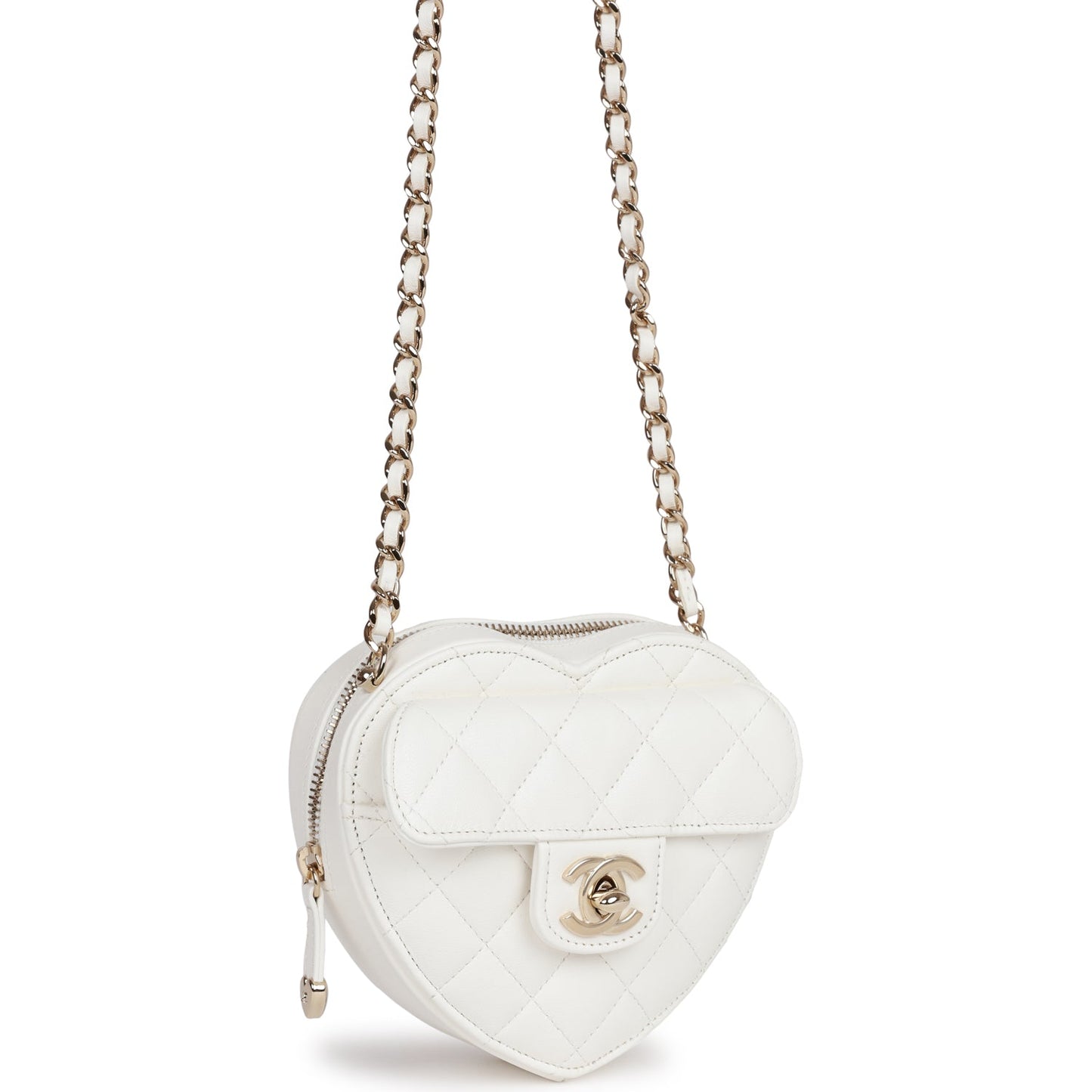 Chanel Cc In Love Heart Clutch With Chain White Lambskin Light Gold Hardware