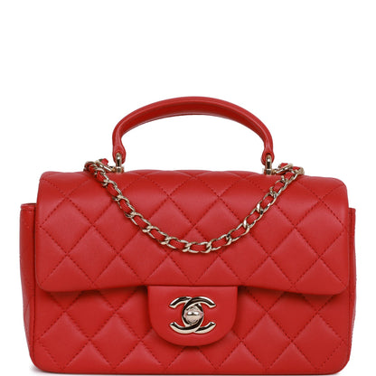 Chanel Mini Rectangular Flap Bag With Top Handle Red Lambskin Light Gold Hardware