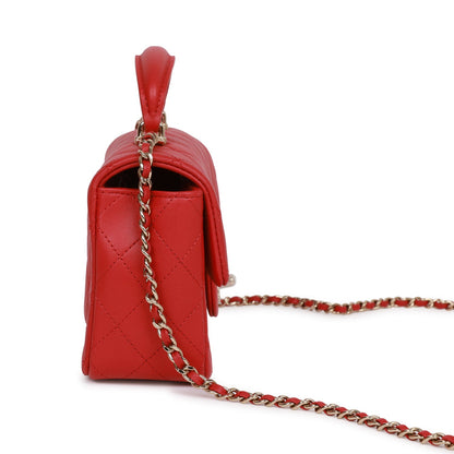 Chanel Mini Rectangular Flap Bag With Top Handle Red Lambskin Light Gold Hardware