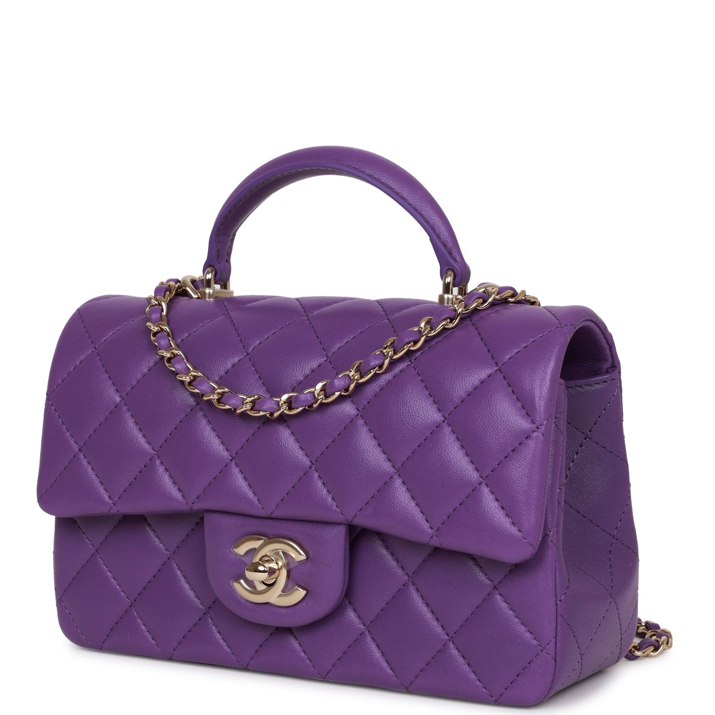 Chanel Mini Rectangular Flap With Top Handle Purple Lambskin Light Gold Hardware