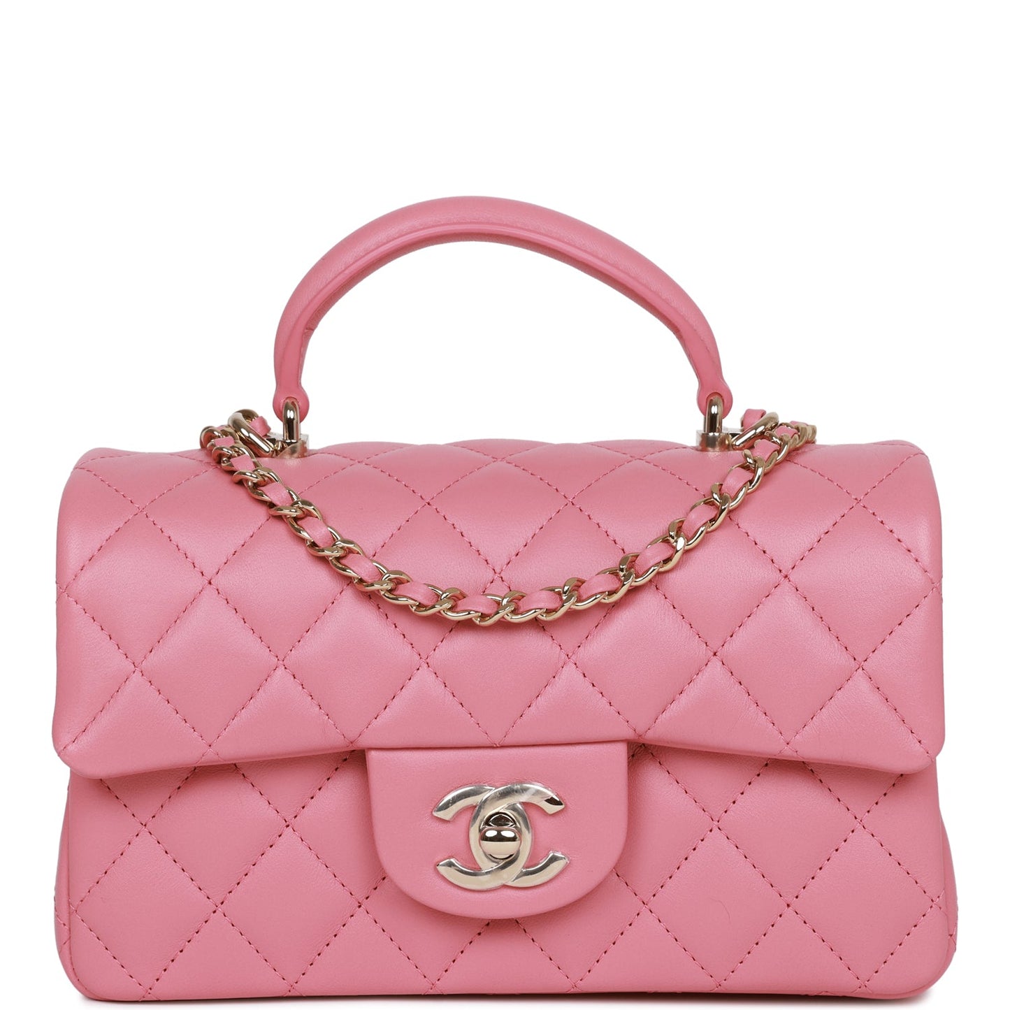 Chanel Mini Rectangular Flap With Top Handle Dark Pink Lambskin Light Gold Hardware