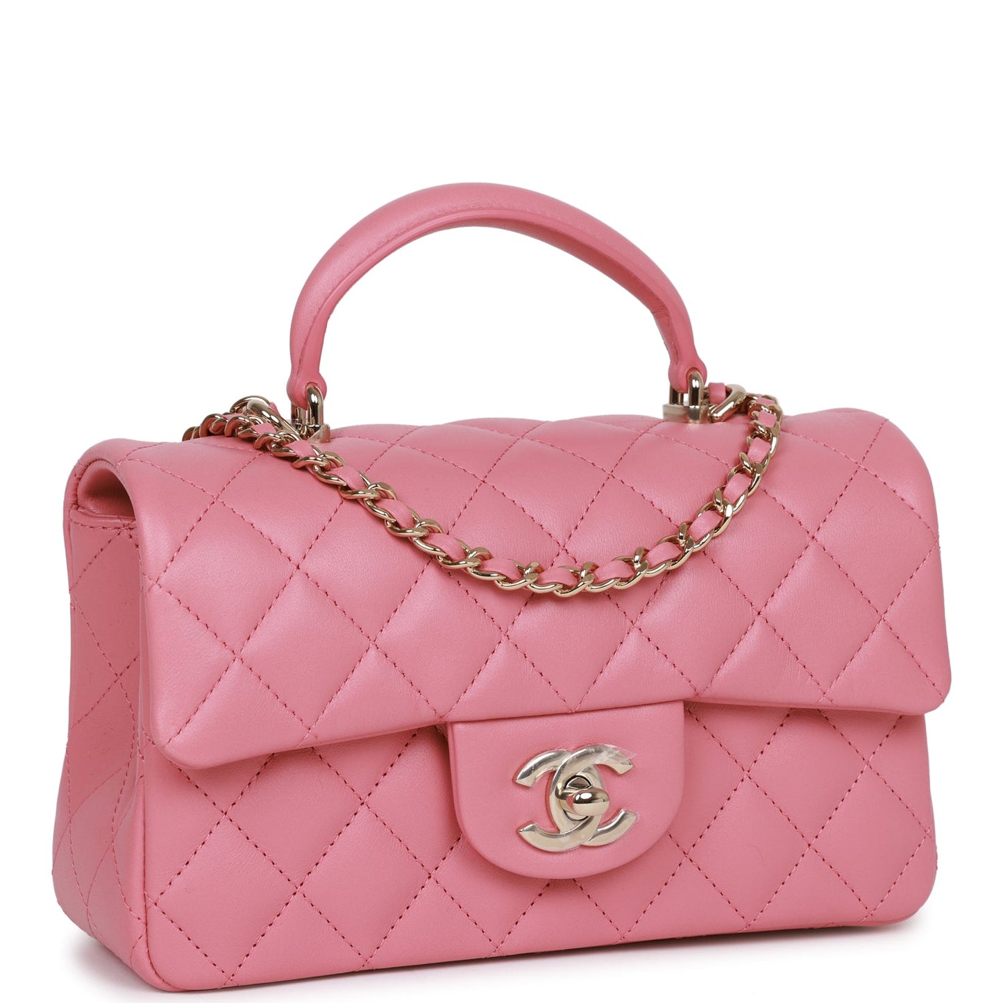 Chanel Mini Rectangular Flap With Top Handle Dark Pink Lambskin Light Gold Hardware