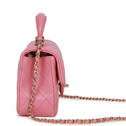 Chanel Mini Rectangular Flap With Top Handle Dark Pink Lambskin Light Gold Hardware