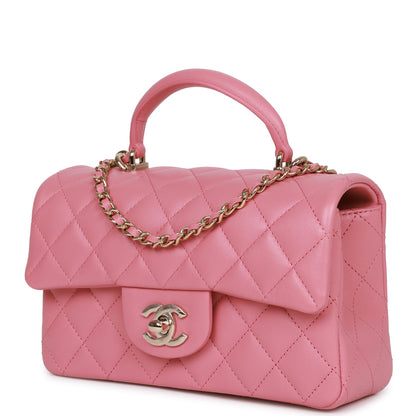 Chanel Mini Rectangular Flap With Top Handle Dark Pink Lambskin Light Gold Hardware