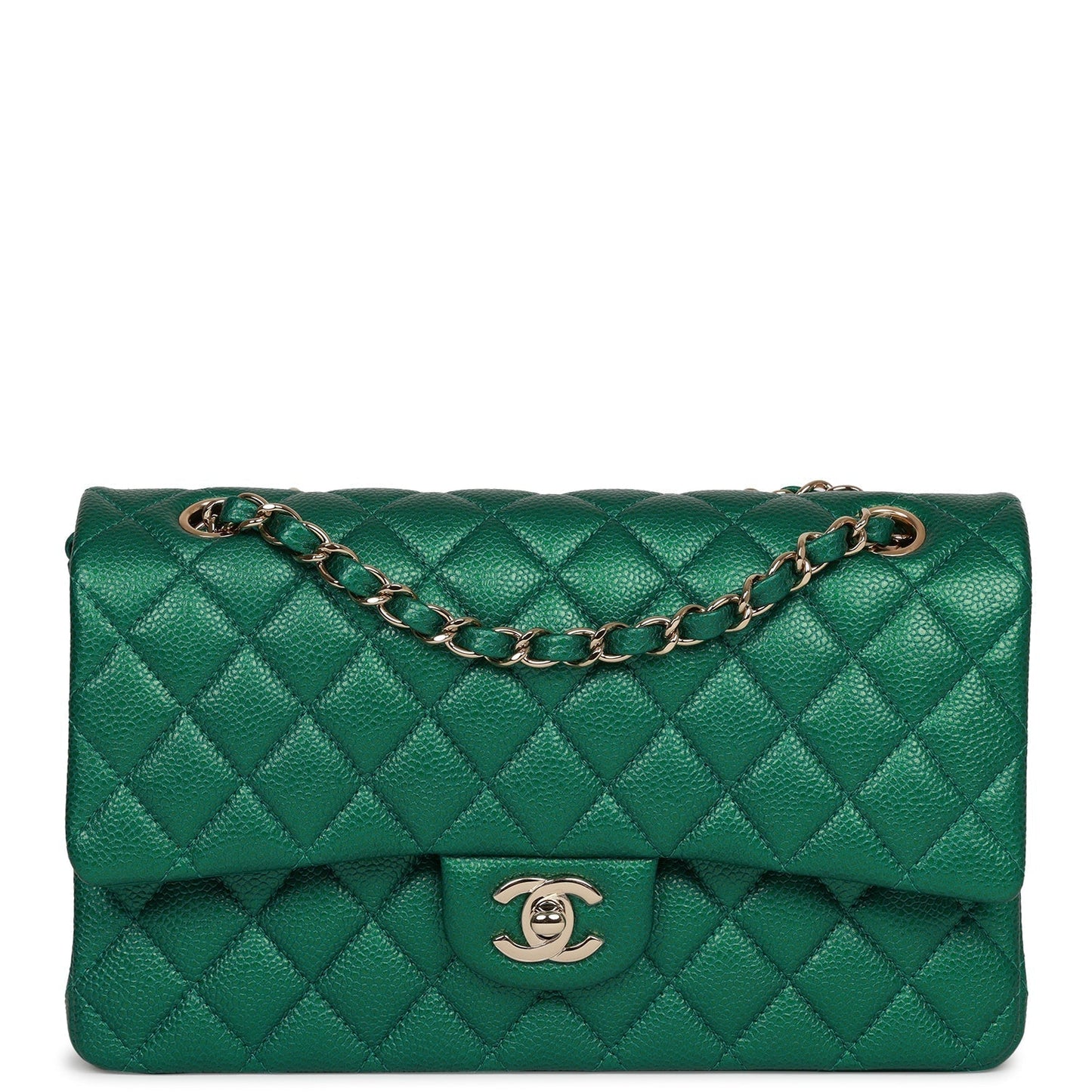 Chanel Medium Classic Double Flap Bag Green Metallic Caviar Light Gold Hardware