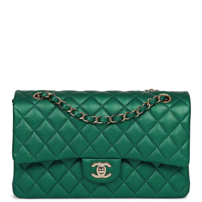 Chanel Medium Classic Double Flap Bag Green Metallic Caviar Light Gold Hardware