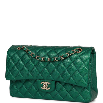 Chanel Medium Classic Double Flap Bag Green Metallic Caviar Light Gold Hardware