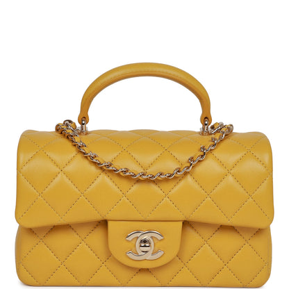 Chanel Mini Rectangular Flap With Top Handle Yellow Lambskin Light Gold Hardware