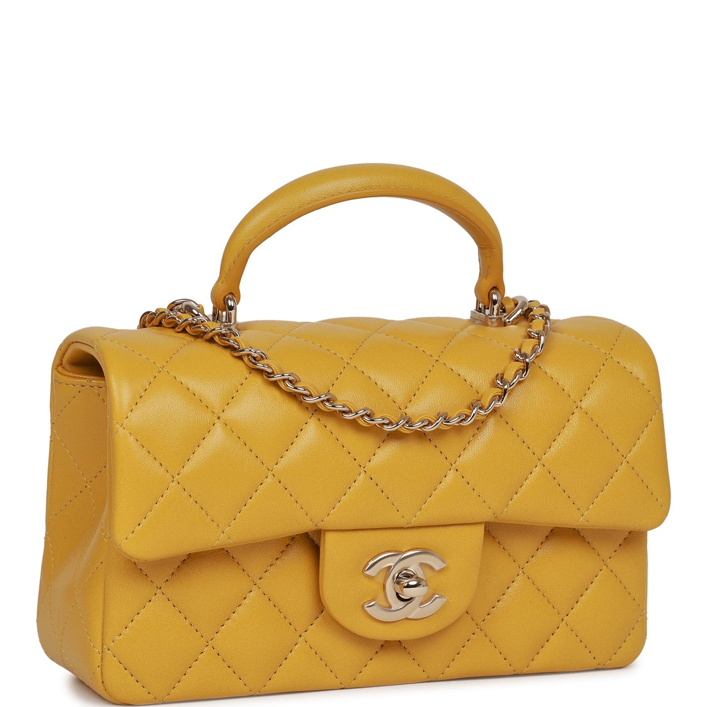 Chanel Mini Rectangular Flap With Top Handle Yellow Lambskin Light Gold Hardware