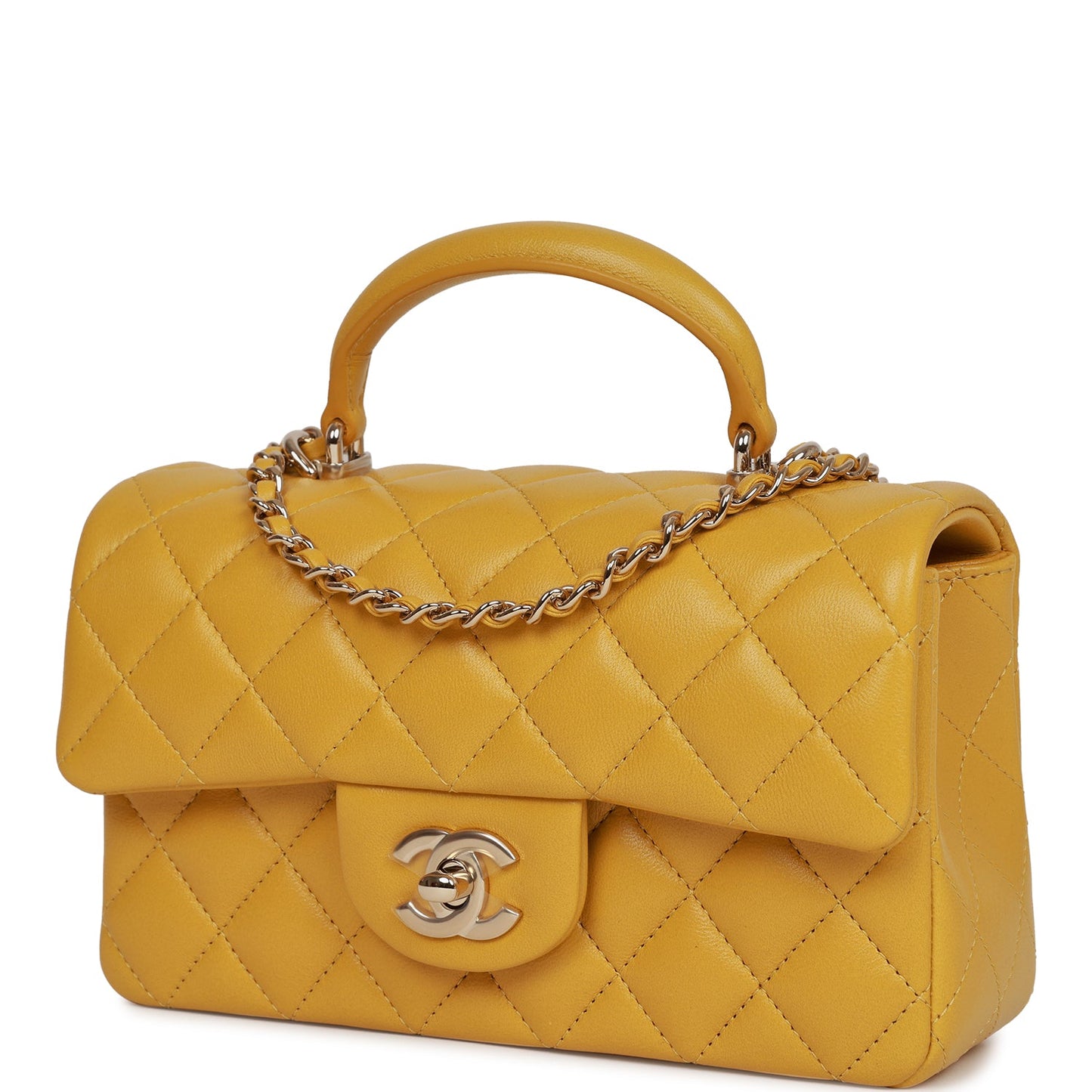 Chanel Mini Rectangular Flap With Top Handle Yellow Lambskin Light Gold Hardware