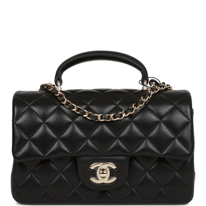 Chanel Mini Rectangular Flap Bag With Top Handle Black Lambskin Light Gold Hardware