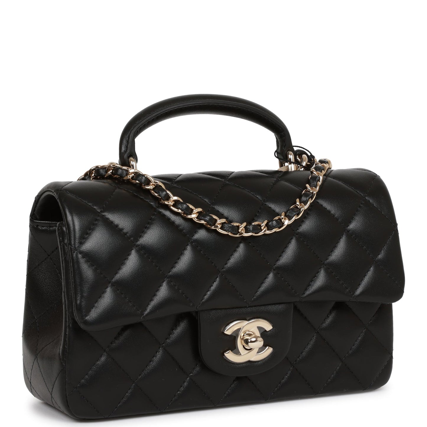 Chanel Mini Rectangular Flap Bag With Top Handle Black Lambskin Light Gold Hardware