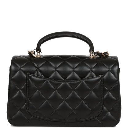 Chanel Mini Rectangular Flap Bag With Top Handle Black Lambskin Light Gold Hardware