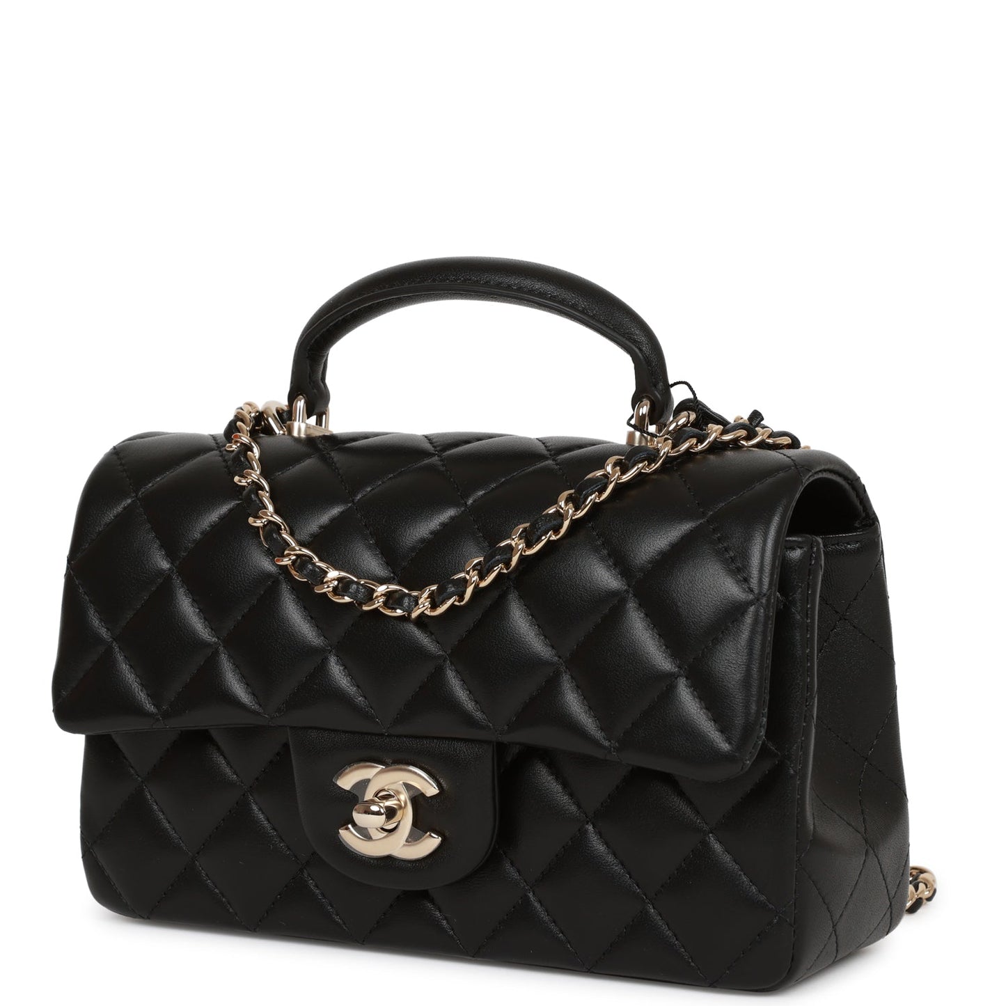 Chanel Mini Rectangular Flap Bag With Top Handle Black Lambskin Light Gold Hardware