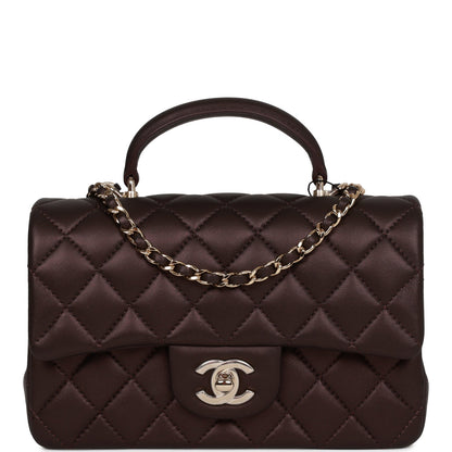 Chanel Mini Rectangular Flap Bag With Top Handle Burgundy Lambskin Light Gold Hardware
