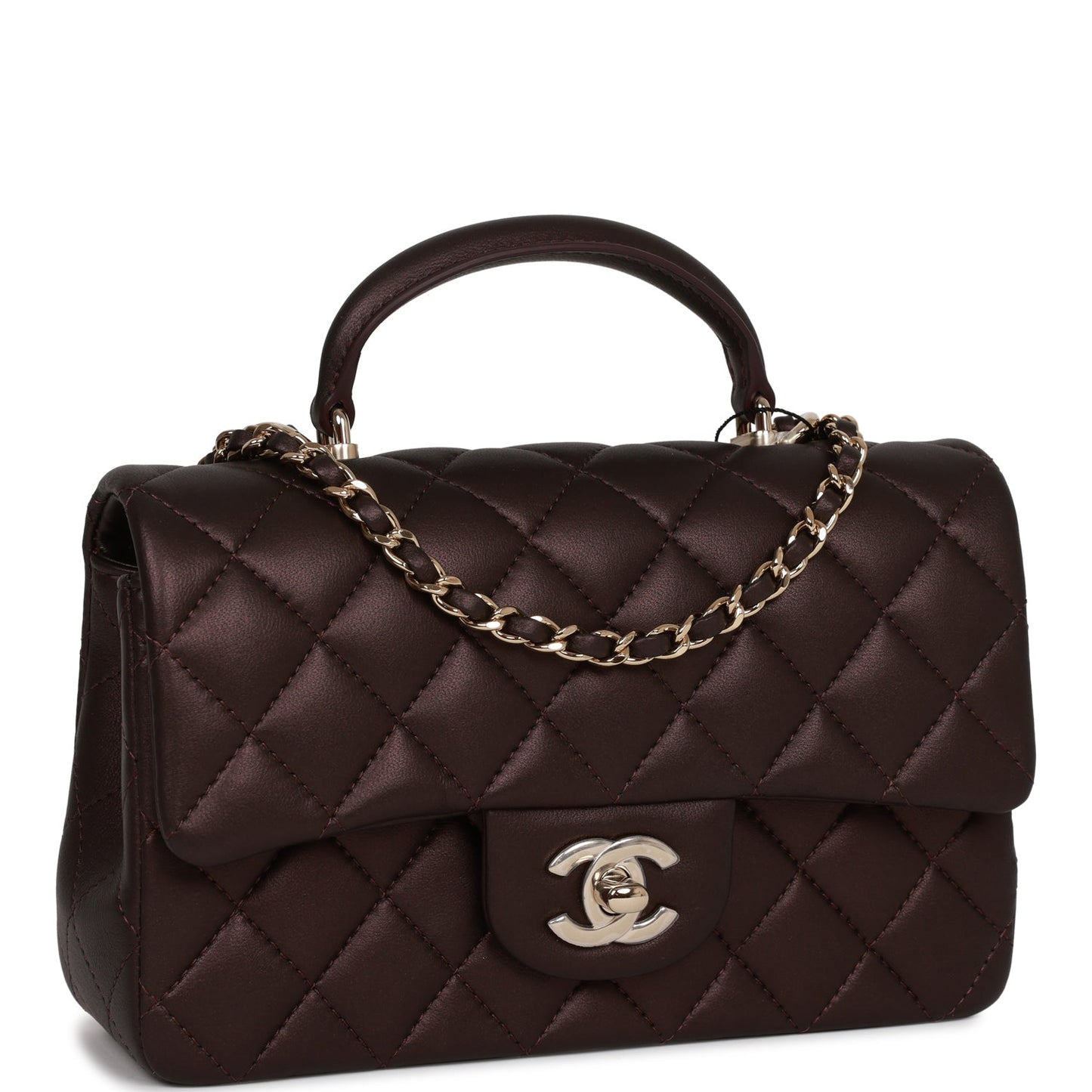 Chanel Mini Rectangular Flap Bag With Top Handle Burgundy Lambskin Light Gold Hardware