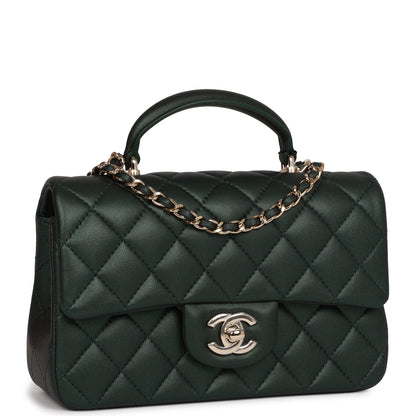 Chanel Mini Rectangular Flap With Top Handle Dark Green Lambskin Light Gold Hardware