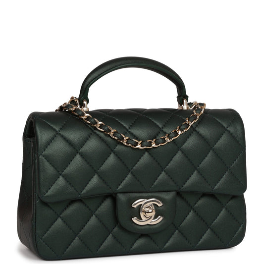 Chanel Mini Rectangular Flap With Top Handle Dark Green Lambskin Light Gold Hardware