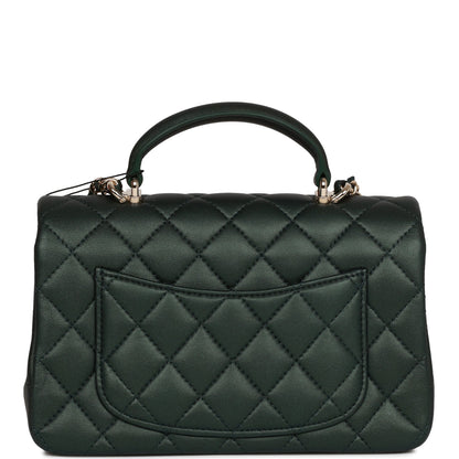 Chanel Mini Rectangular Flap With Top Handle Dark Green Lambskin Light Gold Hardware