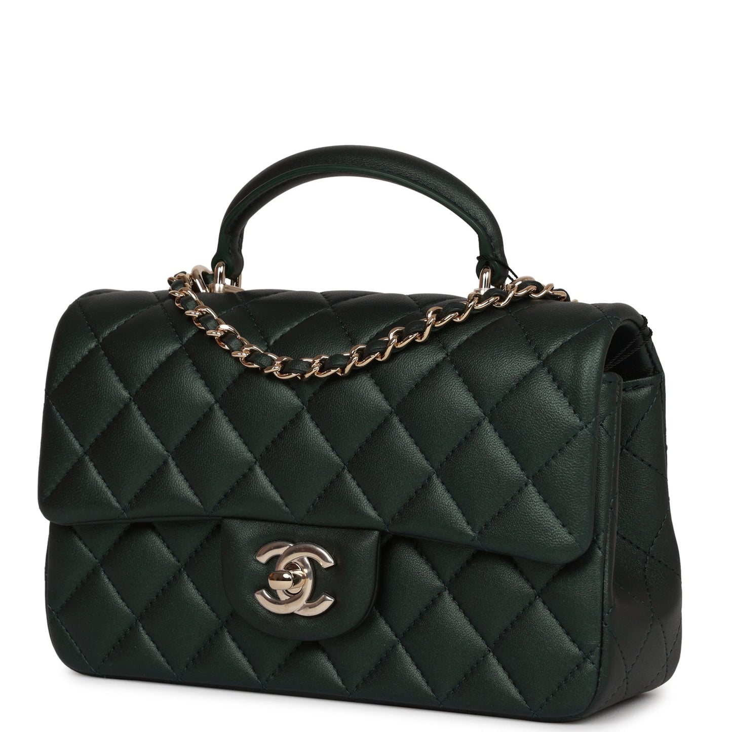 Chanel Mini Rectangular Flap With Top Handle Dark Green Lambskin Light Gold Hardware