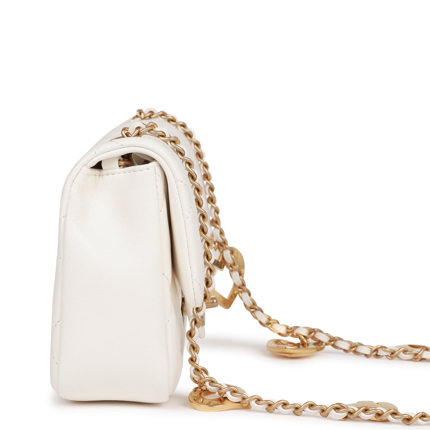 Chanel Mini Rectangular Flap Bag With Heart Chain White Lambskin Antique Gold Hardware