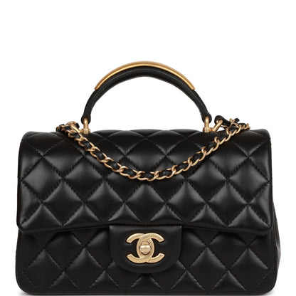 Chanel Rectangular Mini Flap Bag With Top Handle Black Lambskin Antique Gold Hardware