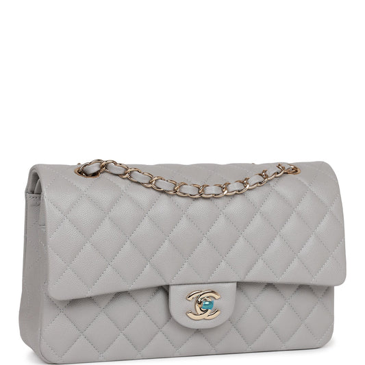Chanel Medium Classic Double Flap Bag Grey Caviar Light Gold Hardware