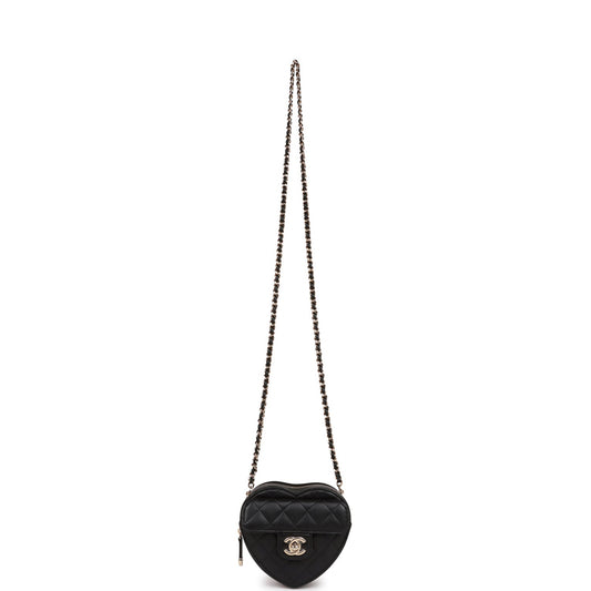 Chanel Cc In Love Heart Clutch With Chain Black Lambskin Light Gold Hardware