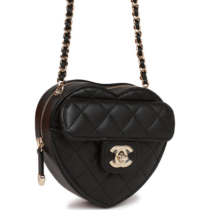 Chanel Cc In Love Heart Clutch With Chain Black Lambskin Light Gold Hardware