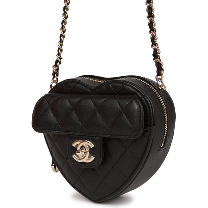 Chanel Cc In Love Heart Clutch With Chain Black Lambskin Light Gold Hardware