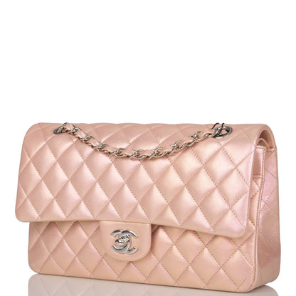 Chanel Medium Classic Double Flap Bag Pink Iridescent Lambskin Silver Hardware