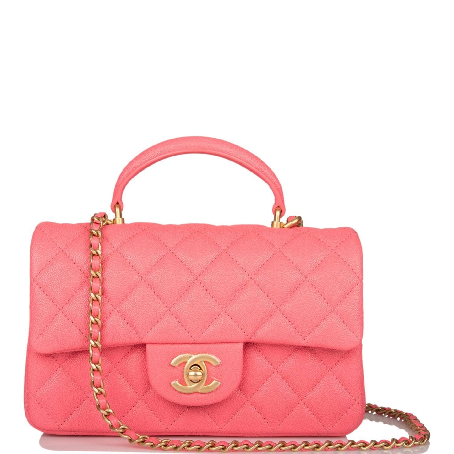 Chanel Mini Rectangular Flap Bag With Top Handle Pink Caviar Antique Gold Hardware