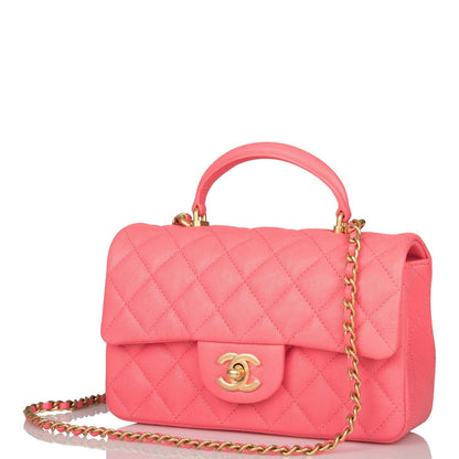 Chanel Mini Rectangular Flap Bag With Top Handle Pink Caviar Antique Gold Hardware