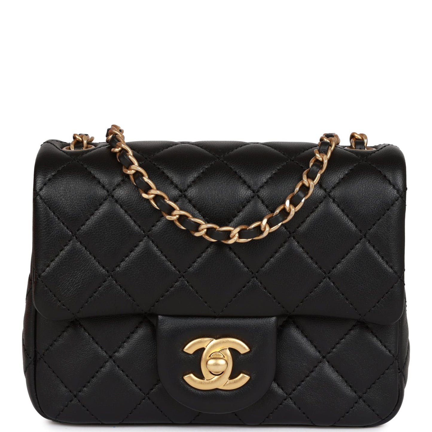 Chanel Cc Pearl Crush Mini Square Flap Bag Black Lambskin Antique Gold Hardware